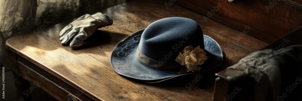 Poster a vintage ladies hat adorned with flowers is placed on a rustic wooden table, accompanied by a pair 