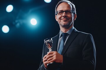 A middle-aged businessman, wearing glasses and a dark suit, standing proudly on stage while receiving an award, spotlight on him, hands holding the trophy, medium close-up 3