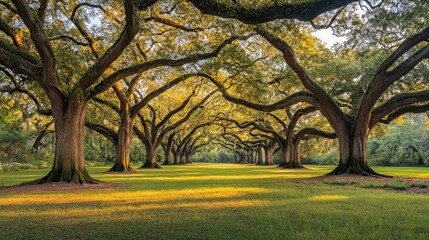 Fototapeta premium A picturesque canopy of large oak trees forms an archway over a grassy path, bathed in the warm glow of sunrise.