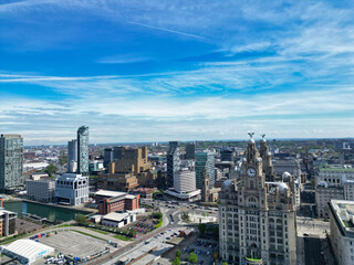 High Angle View of Historical and Modern British City Centre of Liverpool, Maritime city in northwest England, United Kingdom. Aerial Footage Was Captured with Drone's Camera on May 5th, 2024