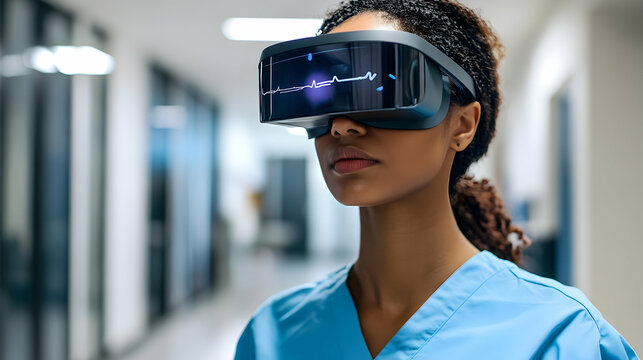 A healthcare professional wearing virtual reality (VR) glasses with visible real-time heart rate monitoring data, representing cutting-edge medical visualization technology. - Powered by Adobe