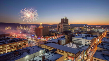 Naklejka premium Aerial view of a bustling cityscape lit up with fireworks, 