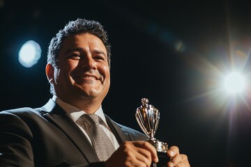 A middle-aged Hispanic businessman in a formal suit, beaming with pride while receiving an award on stage, under a bright spotlight, close-up focusing on his face and trophy 1