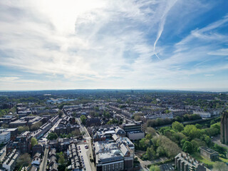 High Angle View of Historical and Modern British City Centre of Liverpool, Maritime city in northwest England, United Kingdom. Aerial Footage Was Captured with Drone's Camera on May 5th, 2024