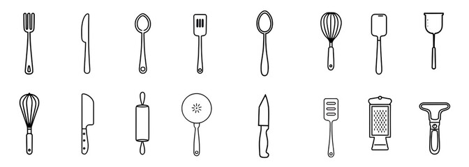 Set of kitchen utensils and equipment along with spoon and fork