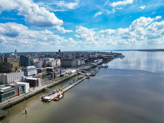 Obraz premium High Angle View of Historical and Modern British City Centre of Liverpool, Maritime city in northwest England, United Kingdom. Aerial Footage Was Captured with Drone's Camera on May 5th, 2024