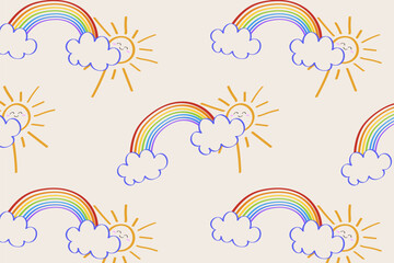 Vector sun, rainbow and clouds pattern blue sky cartoon line art