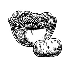 Potato chips in a bowl. Vector graphics with the image of fluted chips and potato tuber. Black and white hand-drawn illustration. On a white background. Great for labels, posters, flyers and banners.