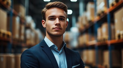 Confident Young Professional in a Warehouse Setting