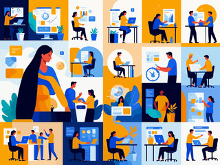 Productive Workflow Organization - Concept illustrations. Collection of scenes with people organizing and improving their workflow and workplace. Vector illustration