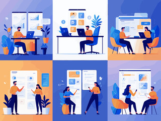 Remote Work Benefits, Limitations and Workflow Organization Concept illustrations. Collection of scenes with people organizing and improving their workflow. Vector illustration