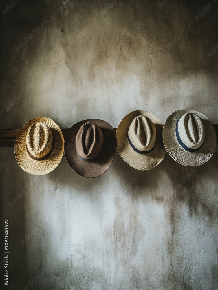 Poster four classic fedora hats hang neatly on a wooden rack, showcasing their unique colors and styles aga