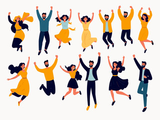 Celebrating people illutrations. Collection of scenes with men and women happy jumping celebrating event or ceremony.