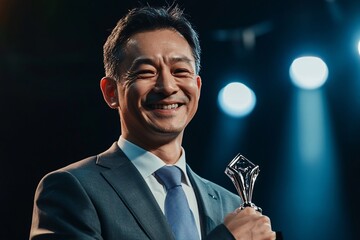 A middle-aged Asian businessman in a sleek suit, smiling proudly as he receives an award on stage, spotlight shining, evening event, close-up of his face and trophy 2