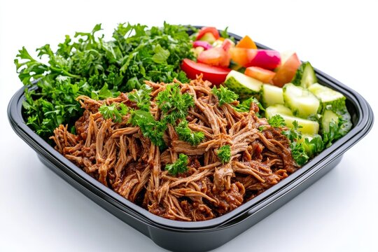  Carne deshebrada acompa&ntilde;ada de vegetales frescos en un contenedor, ideal para una comida saludable y lista para llevar.
