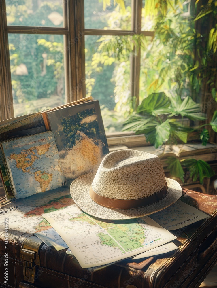 Poster a cozy travel hat sits atop an open suitcase filled with maps and travel guides, perfect for plannin