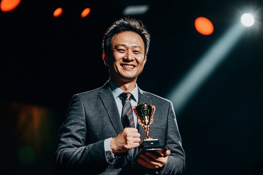 A middle-aged Asian businessman in a formal suit, standing on stage, holding an award, smiling proudly under the spotlight, medium close-up showing his hands and trophy 1 - Powered by Adobe