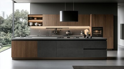 Modern kitchen with wood and grey cabinets, a large island, and a view of trees through a window.