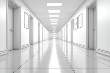A sleek, modern corridor with white walls, doors on either side, and bright overhead lights creating a clean, minimalist atmosphere.