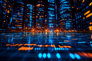 A vibrant cityscape with illuminated buildings and a futuristic digital grid, showcasing technology and innovation in an urban environment.