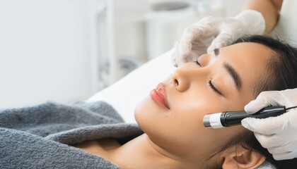Naklejka premium Facial Treatment: A young woman receives a professional facial treatment with a specialized device. Her serene expression reflects relaxation and a focus on self-care.