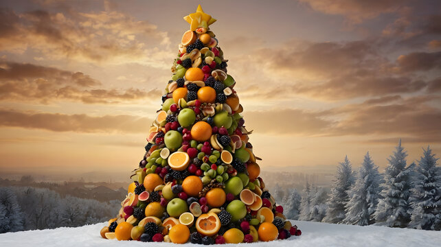 Un &aacute;rbol de navidad hecho de frutas frescas
