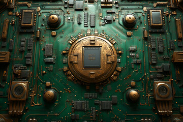A close-up view of a detailed circuit board with bold, metallic components highlighting intricate electronic designs.