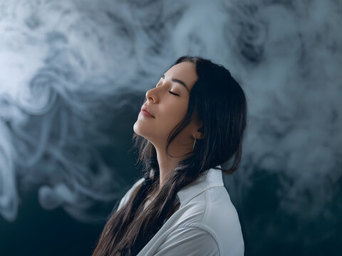 Un plano medio de una mujer en medio del humo de cigarrillo
