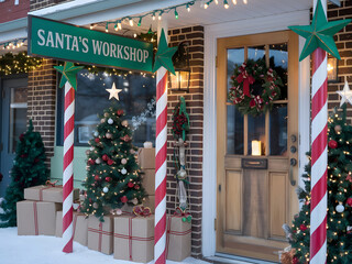 El exterior de una peque&ntilde;a tienda decorada para Navidad. Hay un letrero verde con texto blanco que dice Taller de Santa.
