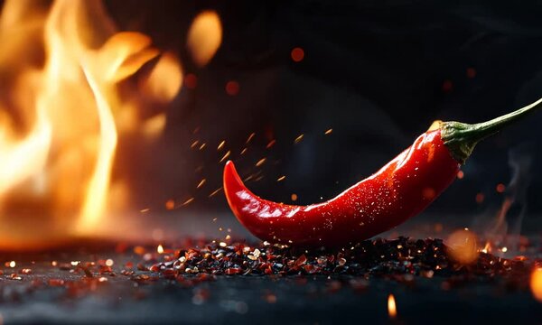 A vibrant red chili pepper surrounded by spices, evoking a sense of heat and flavor.