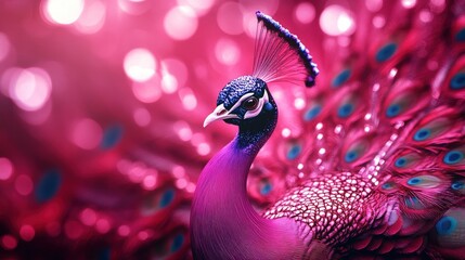 A vibrant pink peacock with sparkling feathers against a blurred background.