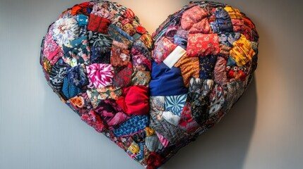 A large heart-shaped sculpture made from fabric scraps, hanging on a wall.