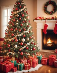A flat lay of Christmas decorated paper, adorned with gold stars and silver ornaments, on a rustic dark  wooden table, with a cozy red and white knitted scarf beside it. fir beanches, small lights, 