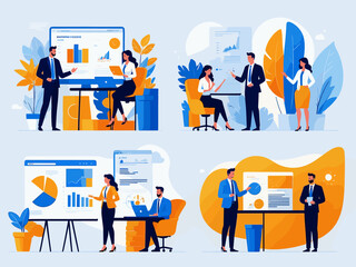Business Teamwork illustrations. Collection of scenes with men and women taking part in business activities. Trendy style