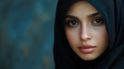 Fototapeta premium Portrait of a young Muslim woman in a black hijab on a blue background. Close-up of the face.