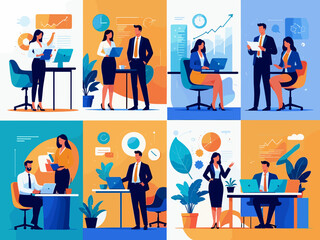 Business Teamwork illustrations. Collection of scenes with men and women taking part in business activities. Trendy style