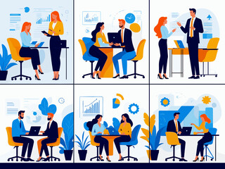 Business Teamwork illustrations. Collection of scenes with men and women taking part in business activities. Trendy style