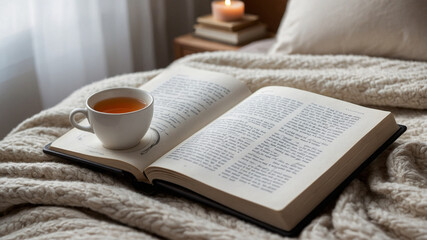 open book on a cozy bed with a cup of tea nearby, surrounded by soft, neutral-colored bedding. The light soft and natural