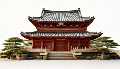 Fototapeta premium Illustration of a japanese castle temple with pagoda style roof and wood features. isolated centrally with plain white background. Graphic design resource with copy space and no people.