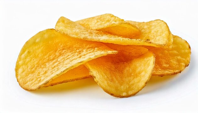 a stack of plain unseasoned potato chips, aka crisps, neatly arranged and isolated on a white background with shadow. Ideal graphic design resource for food tutorials, blog, edit. 