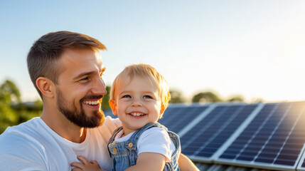 Cheerful father holds his little daughter, both smiling brightly in warm sunlight, sharing a joyful moment in a natural setting with solar panels in background. Family bonding