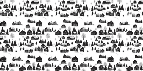 Obraz premium Scandinavian style. Vector illustration of a Norwegian village in black and white