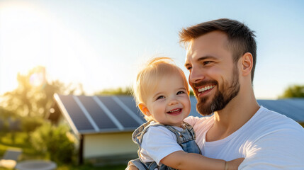 A joyful father holds his smiling young daughter outdoors under bright sunlight, both beaming with happiness, as they enjoy a moment together in a natural setting, showcasing the joy of family bonds.