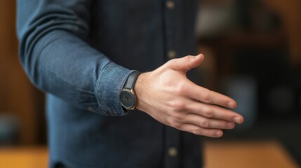 Fototapeta premium Man in a blue shirt stretches his hand to handshake. A male hand is extended to shake hands.