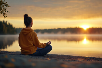 A woman sits cross-legged near a calm lake at dawn, practicing meditation in peaceful solitude, as the soft morning light illuminates the misty water and surrounding forested landscape.