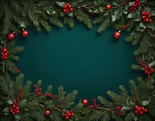A flat lay of Christmas decorated paper, adorned with gold stars and silver ornaments, on a rustic dark  wooden table, with a cozy red and white knitted scarf beside it. fir beanches, small lights, 