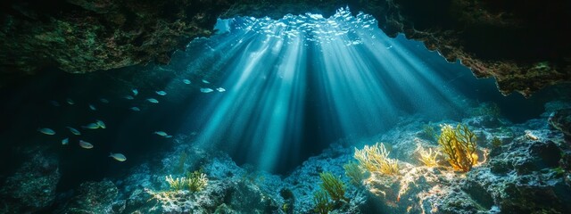 Obraz premium Bioluminescent Underwater Cave with Fish
