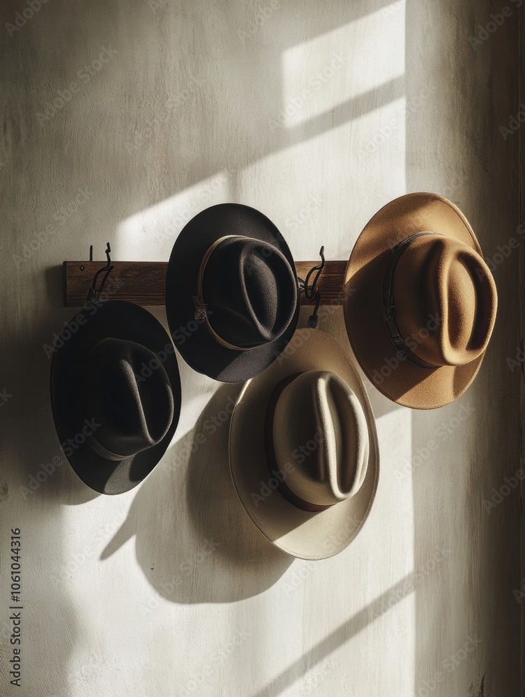 Poster classic fedora hats in varied colors hang on a wooden rack, bathed in soft natural light, creating a