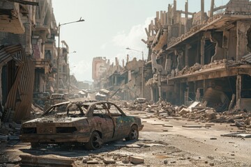 Many destroyed buildings in brown landscape after war times. Neural network ai generated art