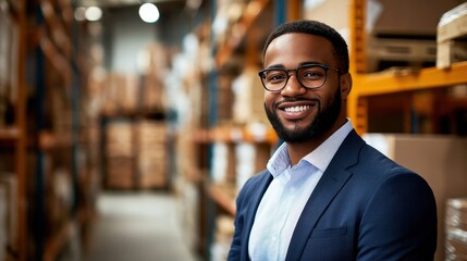 Fototapeta premium Confident Warehouse Manager Smiling in Modern Storage Facility